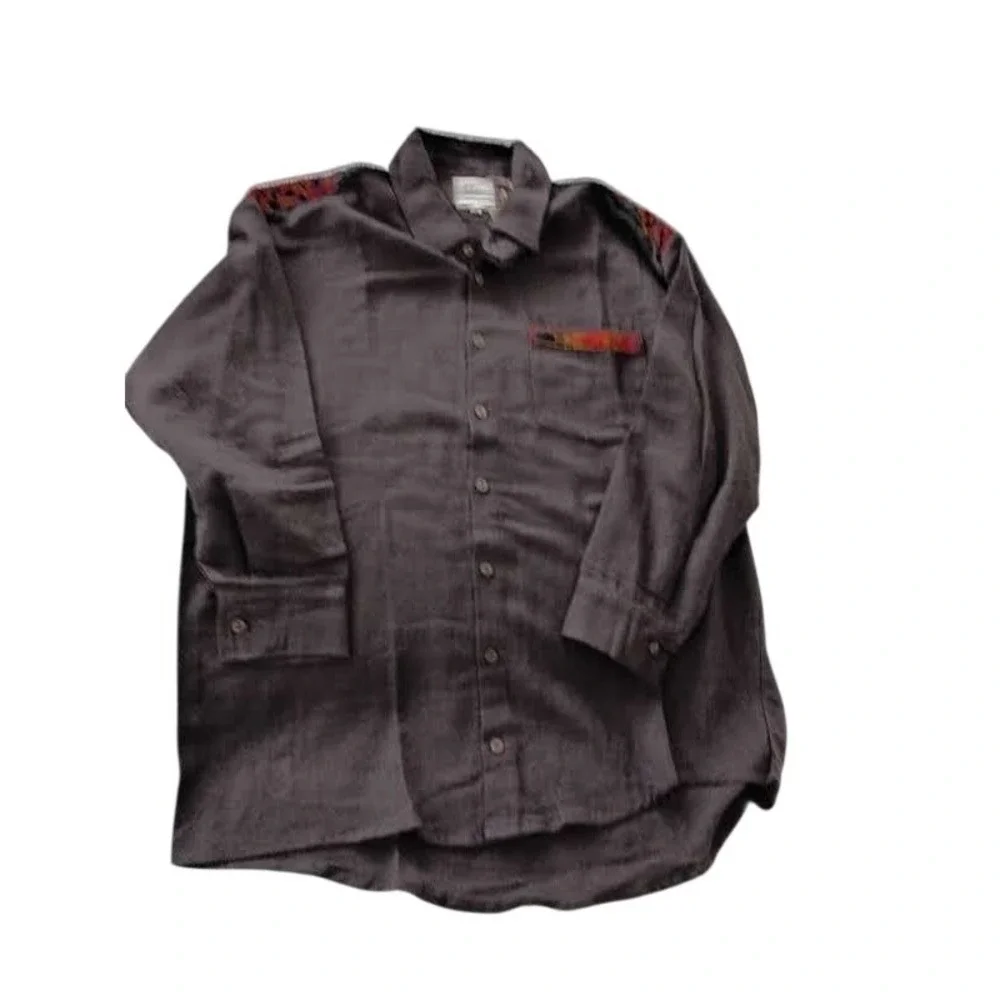 Rhea‎ Mens XL Brown 100% Cotton Boho Southwestern Embroidered Button Down Shirt